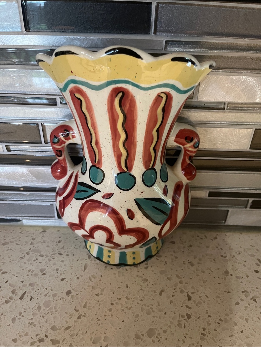 Cream Ceramic Wall Vase with Red, Teal & Yellow Accents